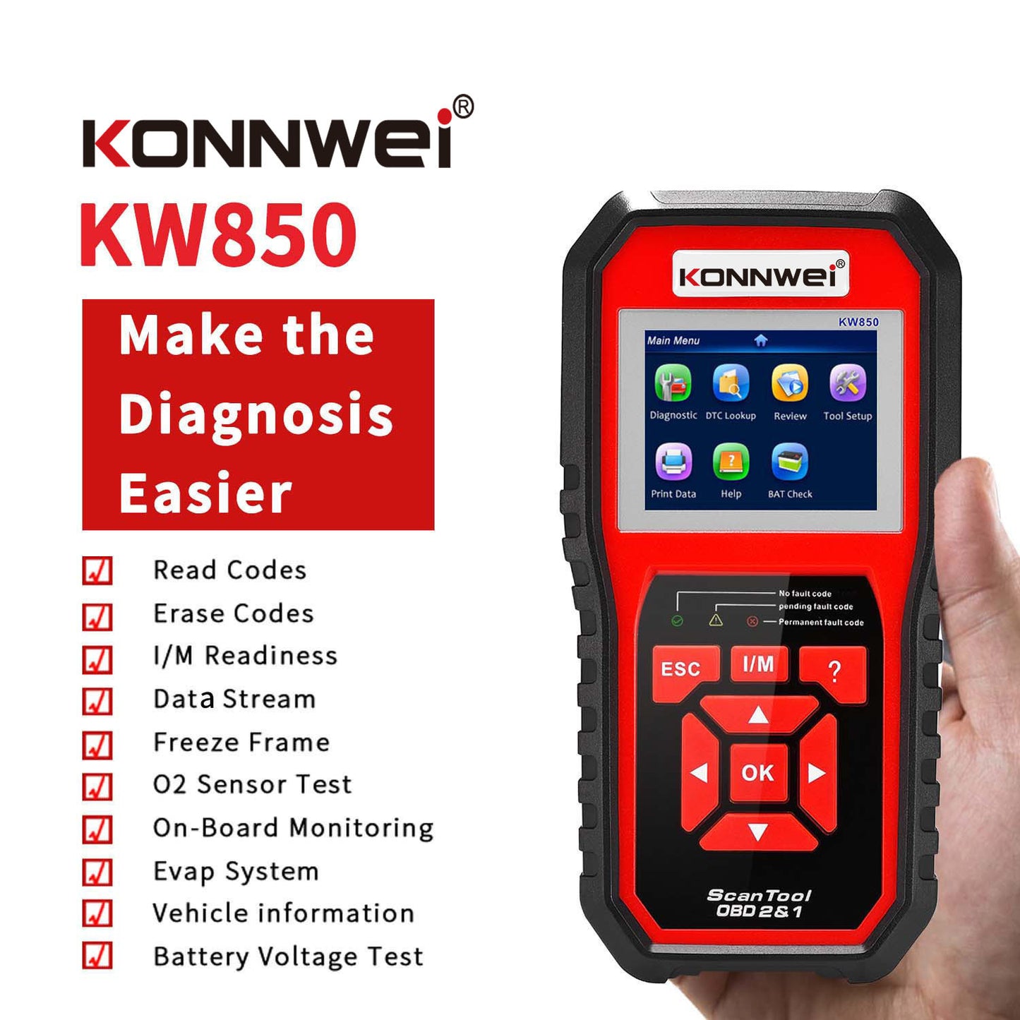 KONNWEI KW850 OBD2 CAN BUS Code Reader - Advanced Car Engine Fault Code Detector